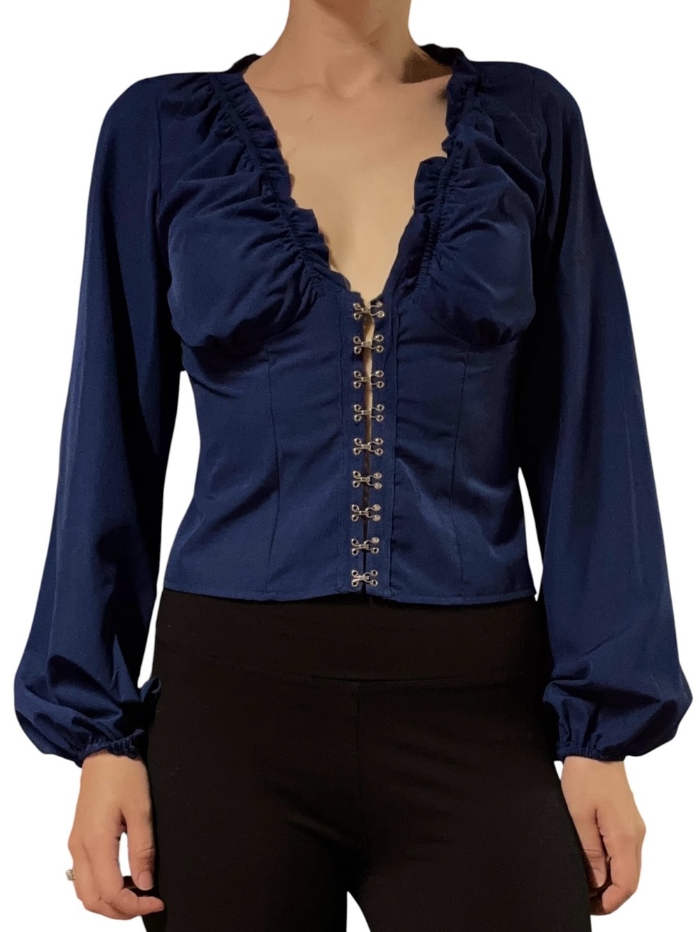 Oeuvre | Blue Hook and Eye Closure Peasant Top with Balloon Sleeves
